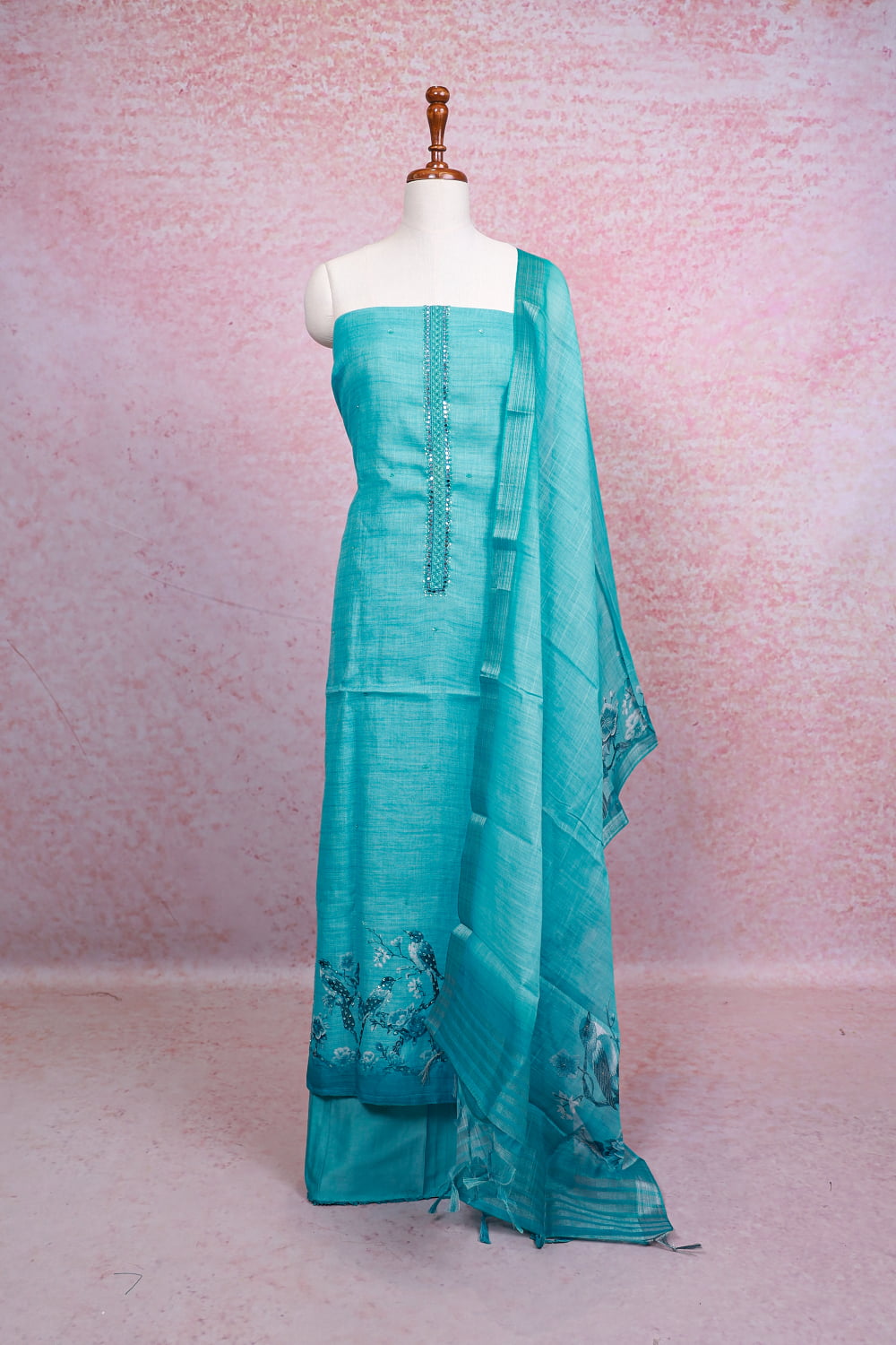 Light Blue Linen Mirror Work Unstitched Churidhar Material
