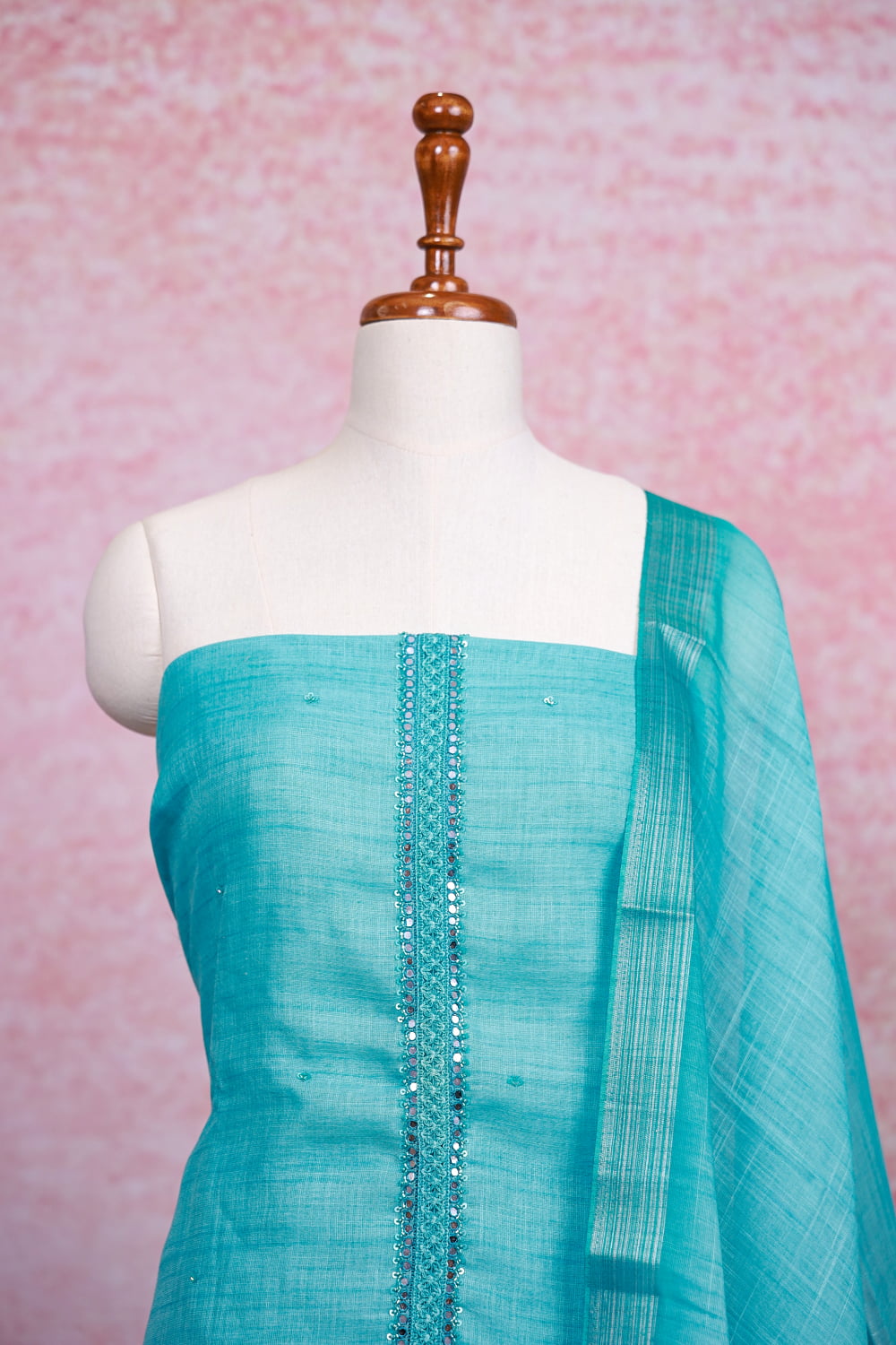 Light Blue Linen Mirror Work Unstitched Churidhar Material