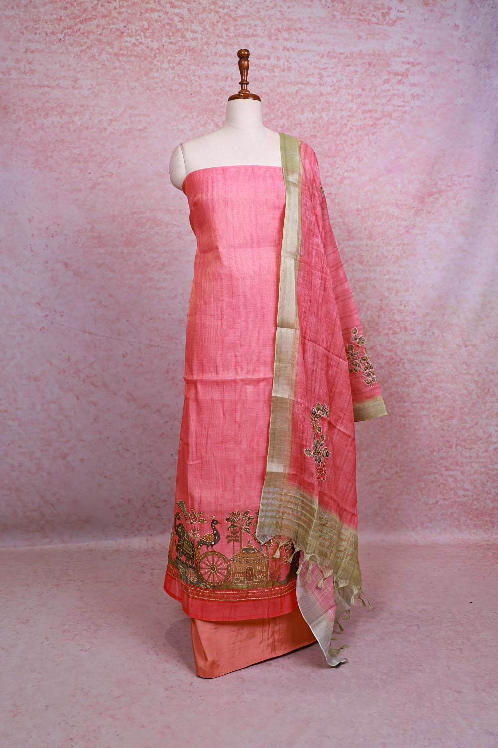 Peach Linen Tissue Kantha Work Unstitched Churidhar Material