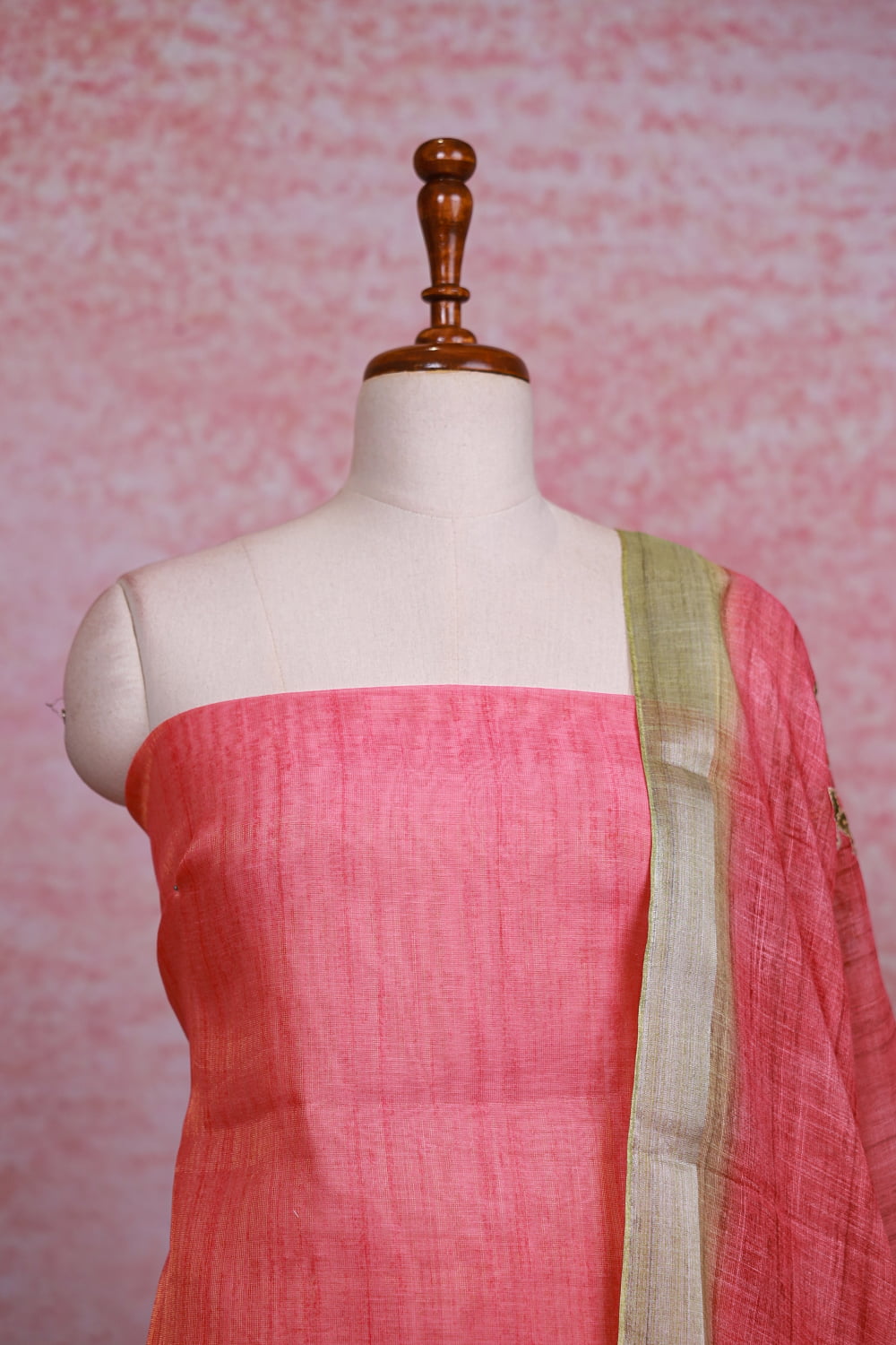Peach Linen Tissue Kantha Work Unstitched Churidhar Material