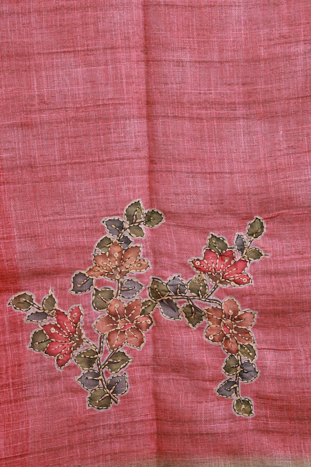 Peach Linen Tissue Kantha Work Unstitched Churidhar Material