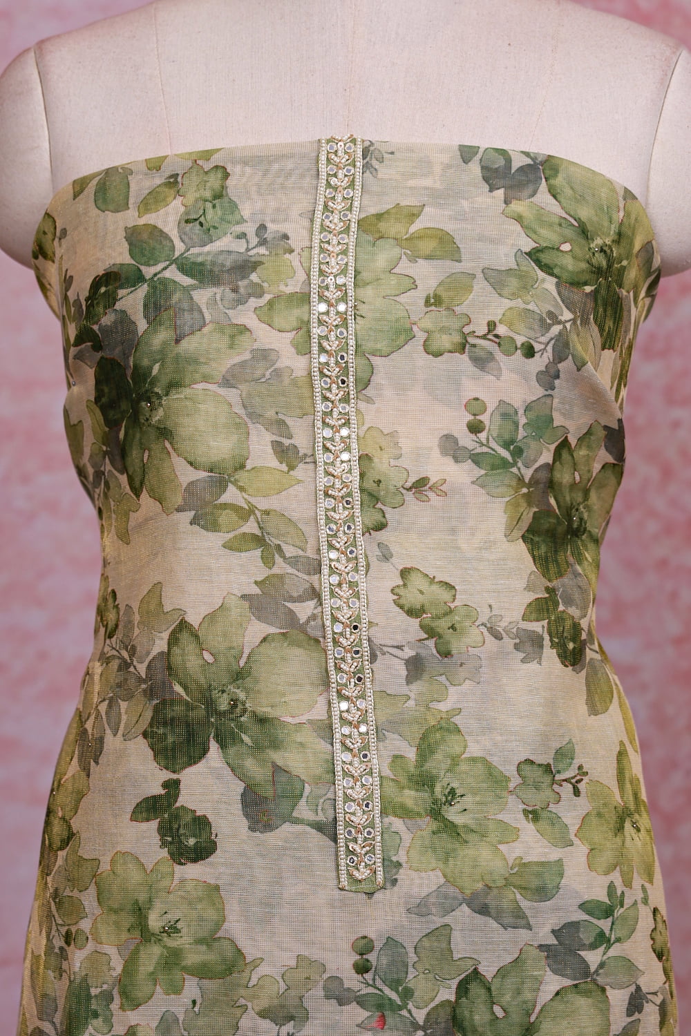 Cream Chanderi Tissue Floral Printed Unstitched Churidhar Material