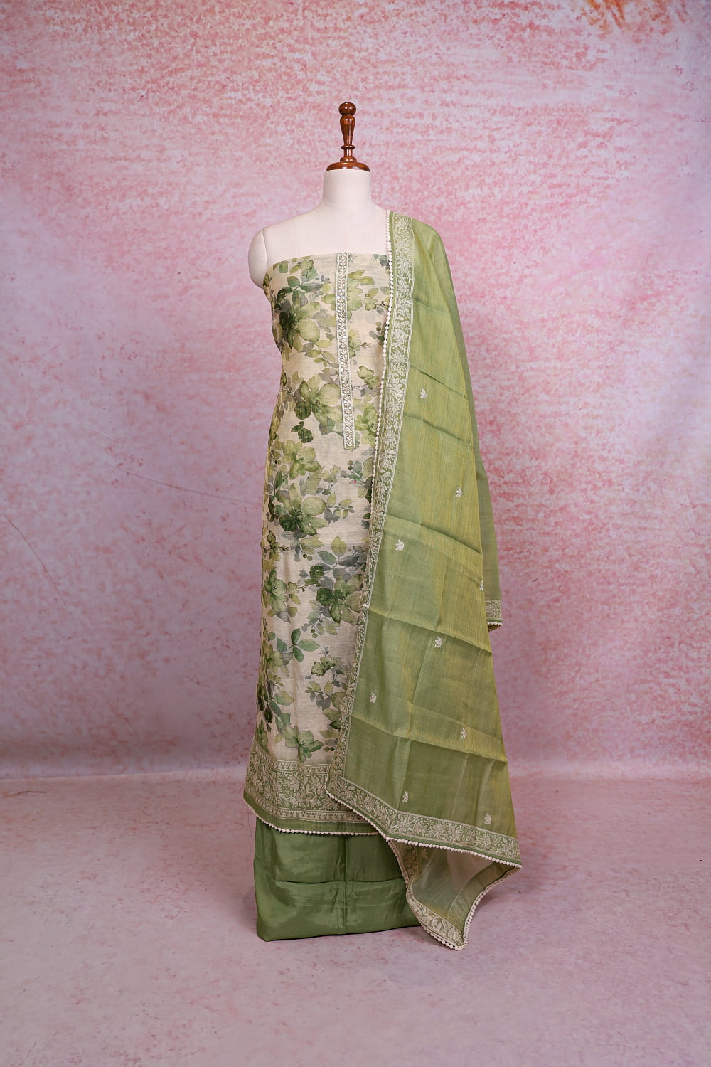 Cream Chanderi Tissue Floral Printed Unstitched Churidhar Material