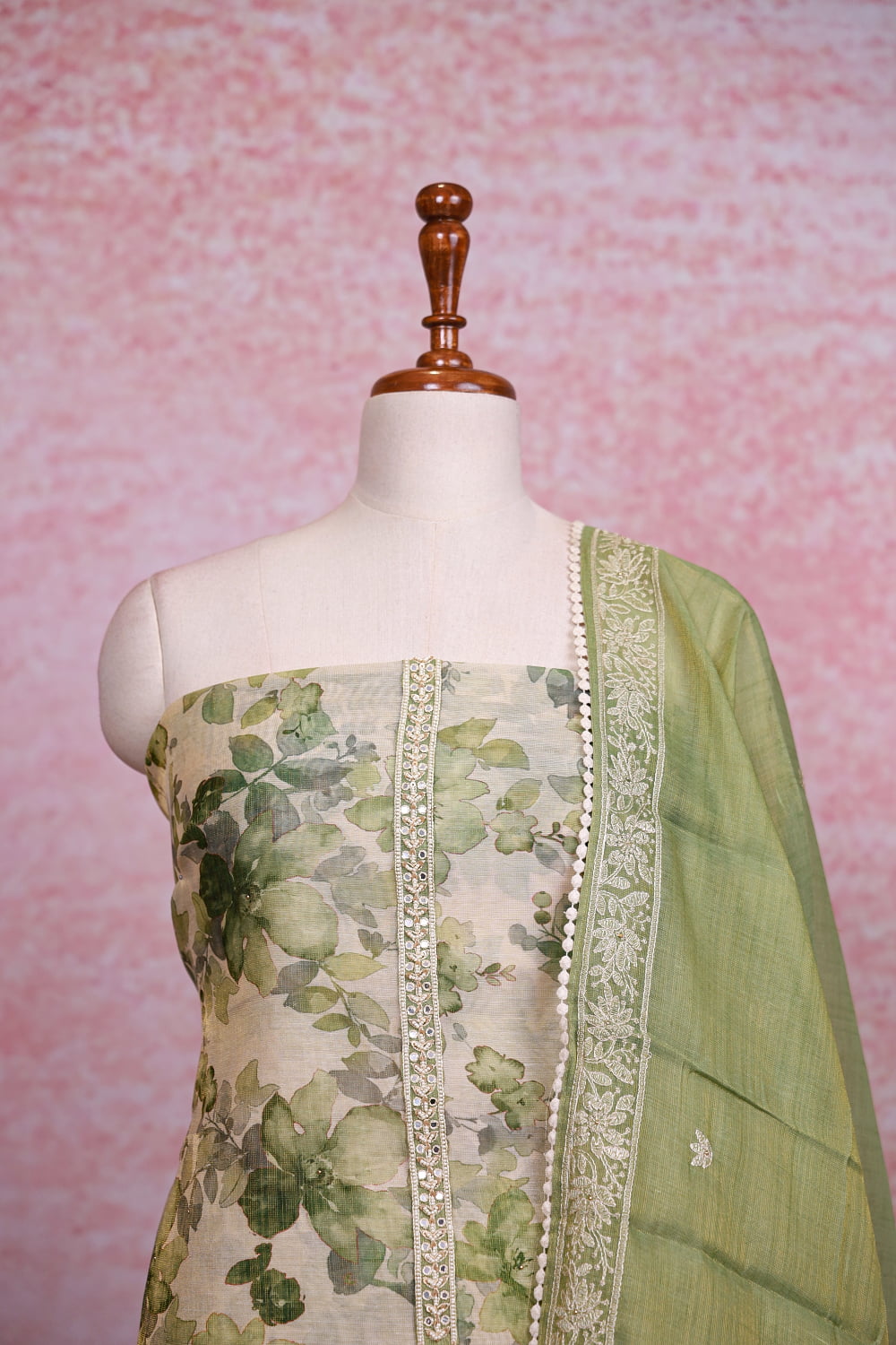 Cream Chanderi Tissue Floral Printed Unstitched Churidhar Material