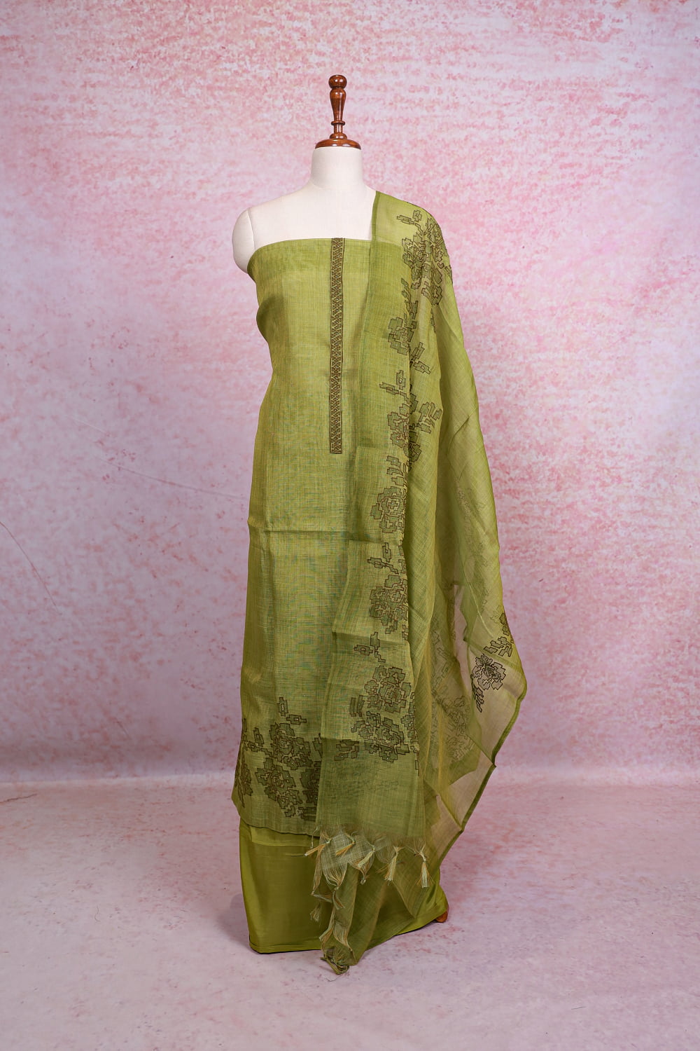 Mehandi Green Chanderi Tissue Plain Body Unstitched Churidhar Material