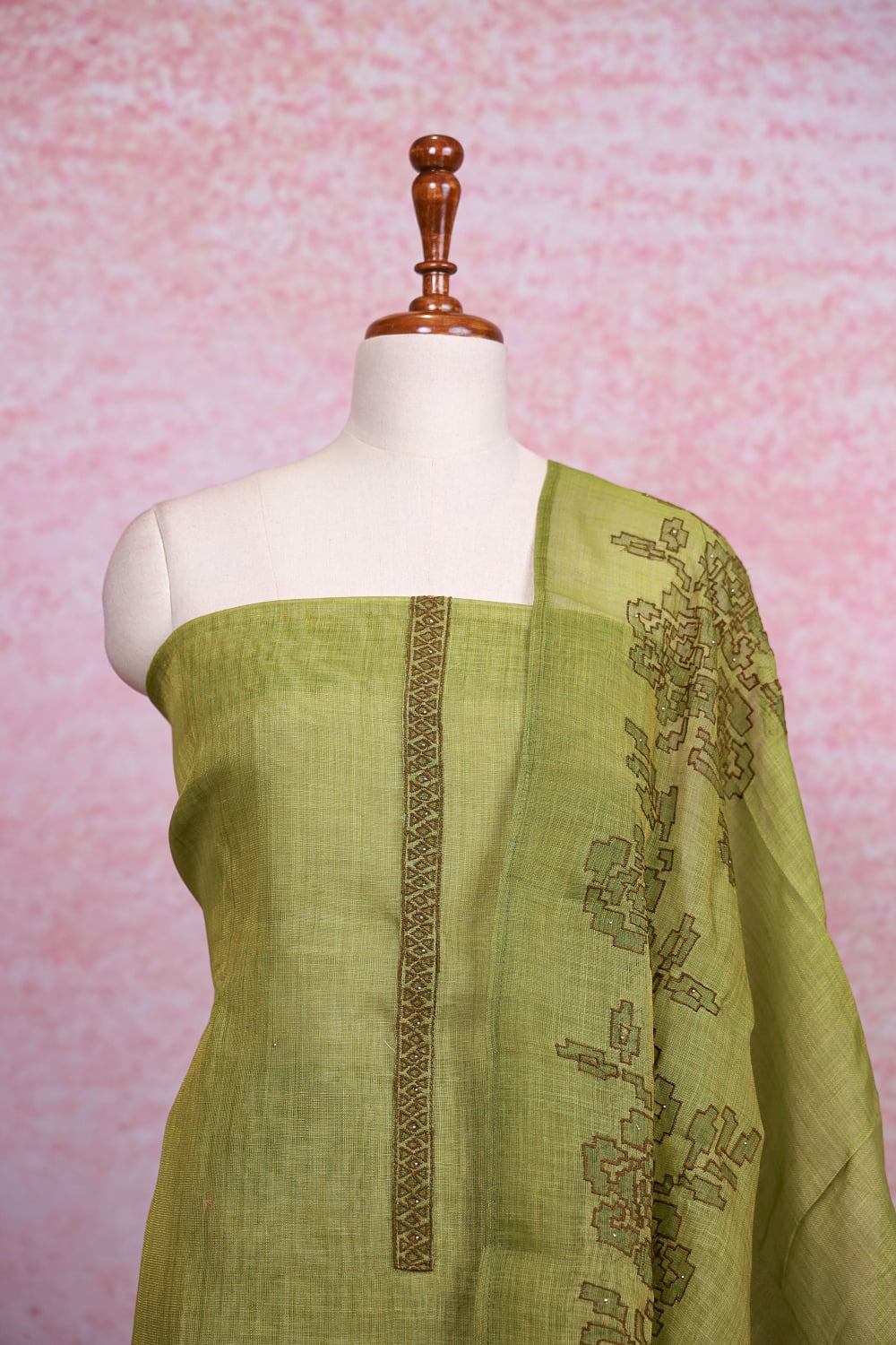 Mehandi Green Chanderi Tissue Plain Body Unstitched Churidhar Material