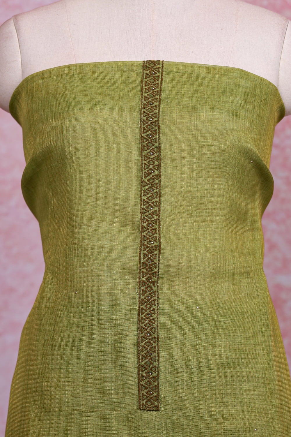 Mehandi Green Chanderi Tissue Plain Body Unstitched Churidhar Material