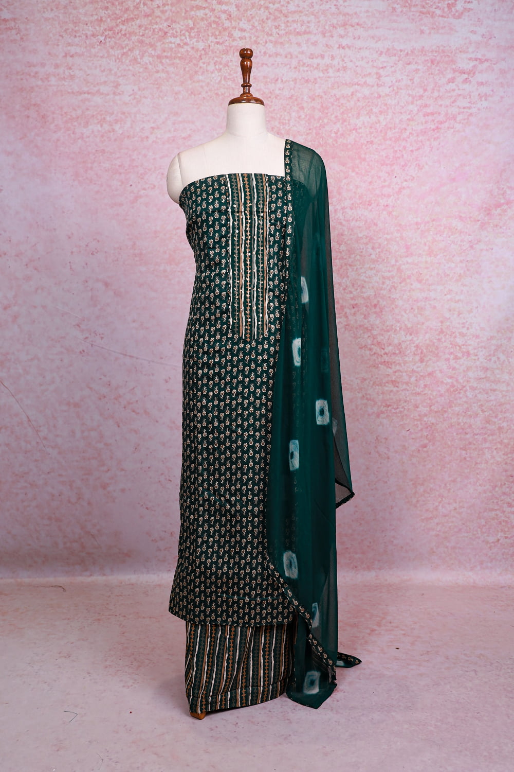 Dark Green Cotton Printed Unstitched Churidhar Material
