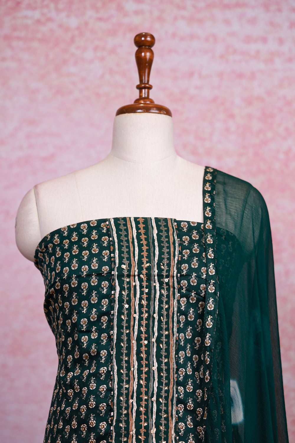 Dark Green Cotton Printed Unstitched Churidhar Material