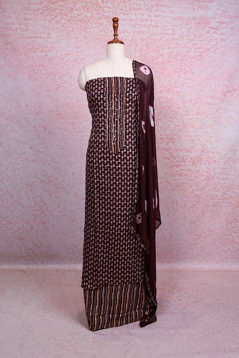 Dark Wine Cotton  Printed Unstitched Churidhar Material