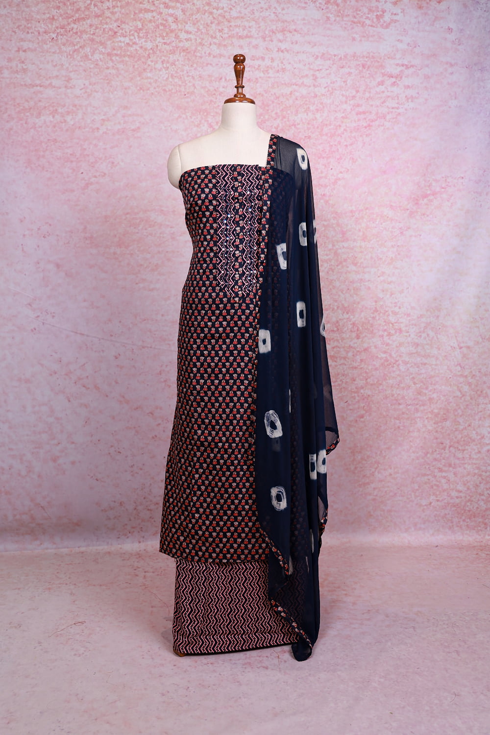 Navy Blue Cotton Printed Unstitched Churidhar Material