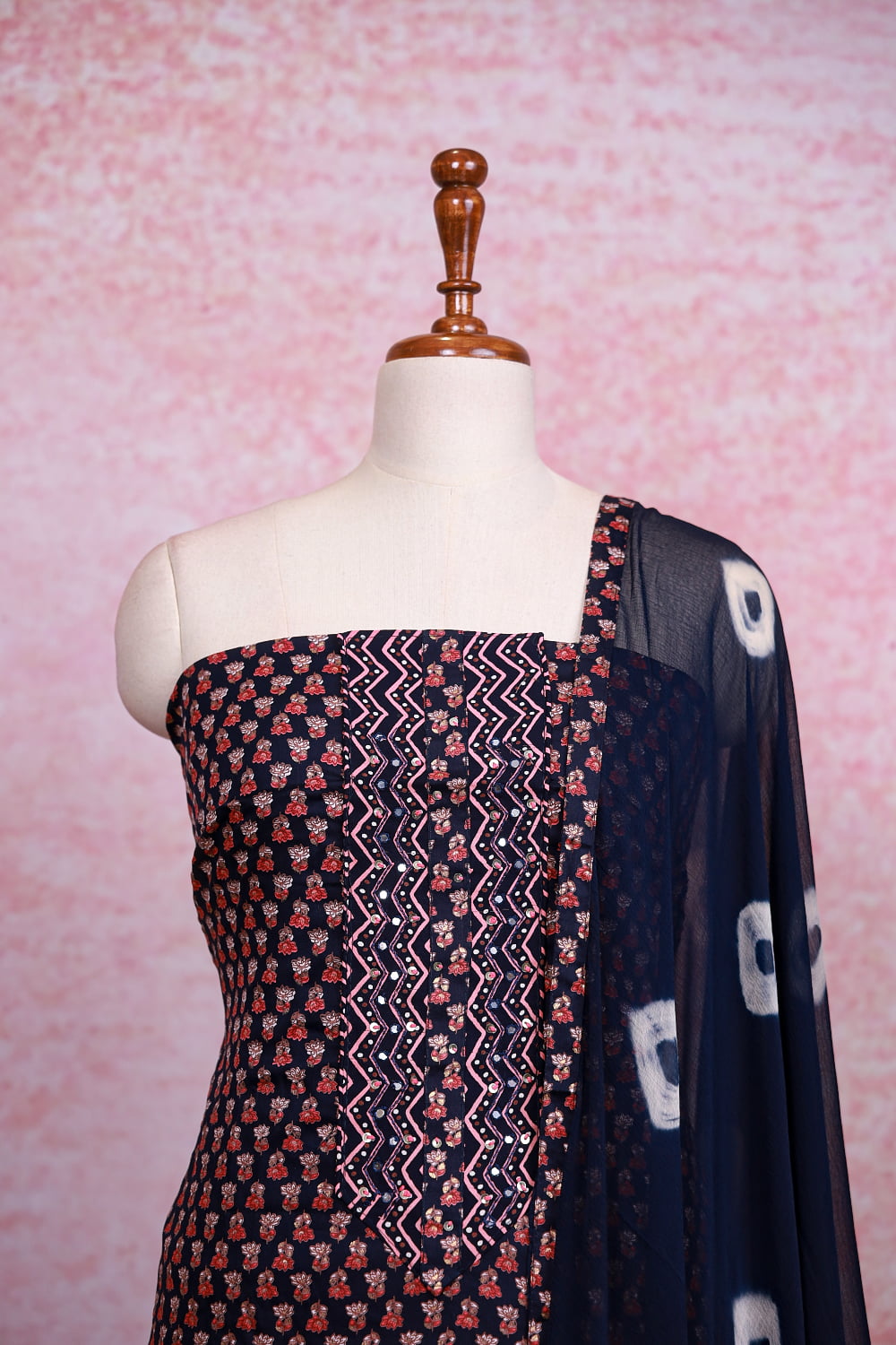 Navy Blue Cotton Printed Unstitched Churidhar Material