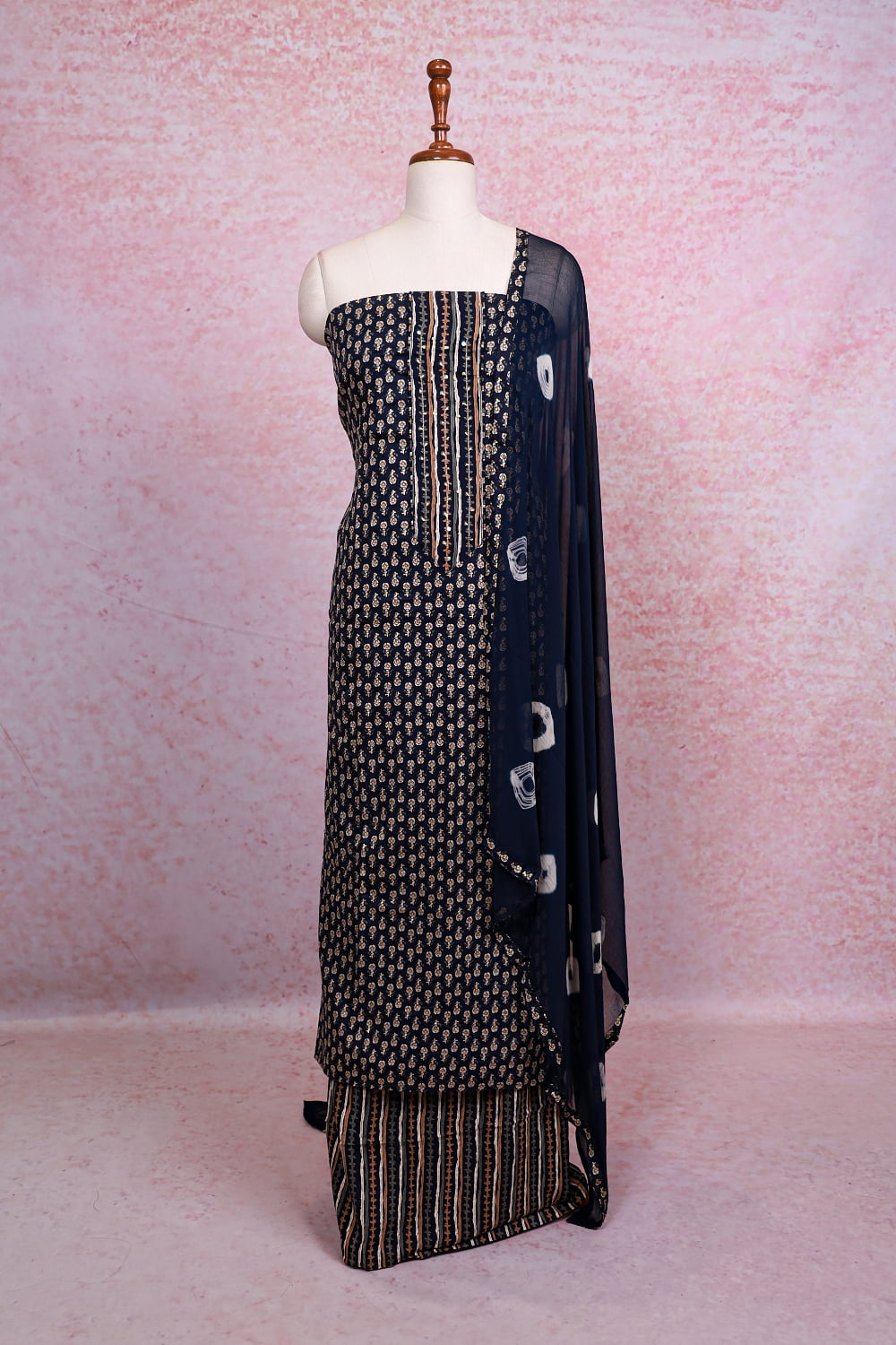 Dark Blue Cotton Printed Unstitched Churidhar Material