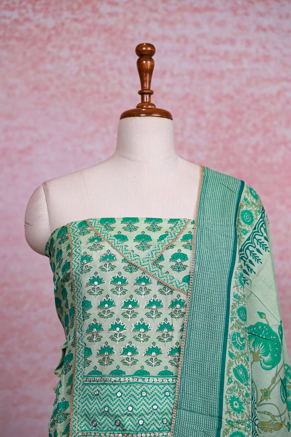 Pastel Green Chanderi Silk Printed Unstitched Churidhar Material