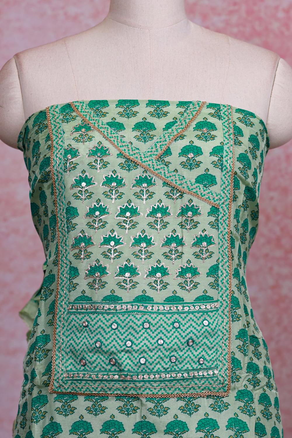 Pastel Green Chanderi Silk Printed Unstitched Churidhar Material