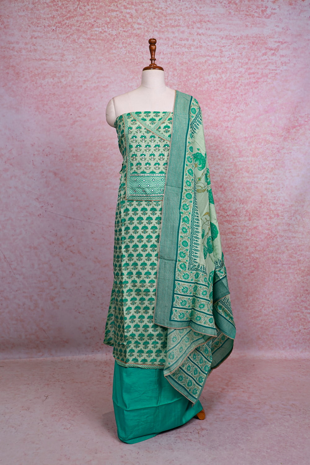 Pastel Green Chanderi Silk Printed Unstitched Churidhar Material
