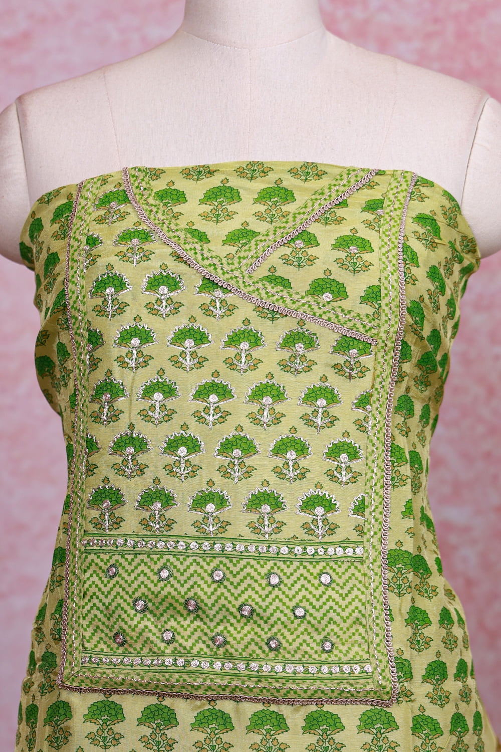 Green Chanderi Silk Printed Unstitched Churidhar Material