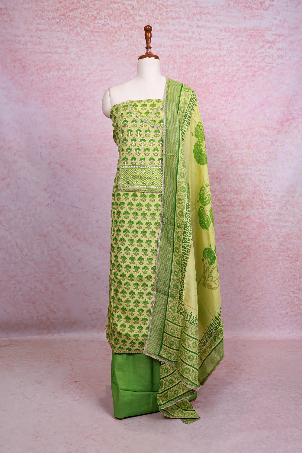 Green Chanderi Silk Printed Unstitched Churidhar Material