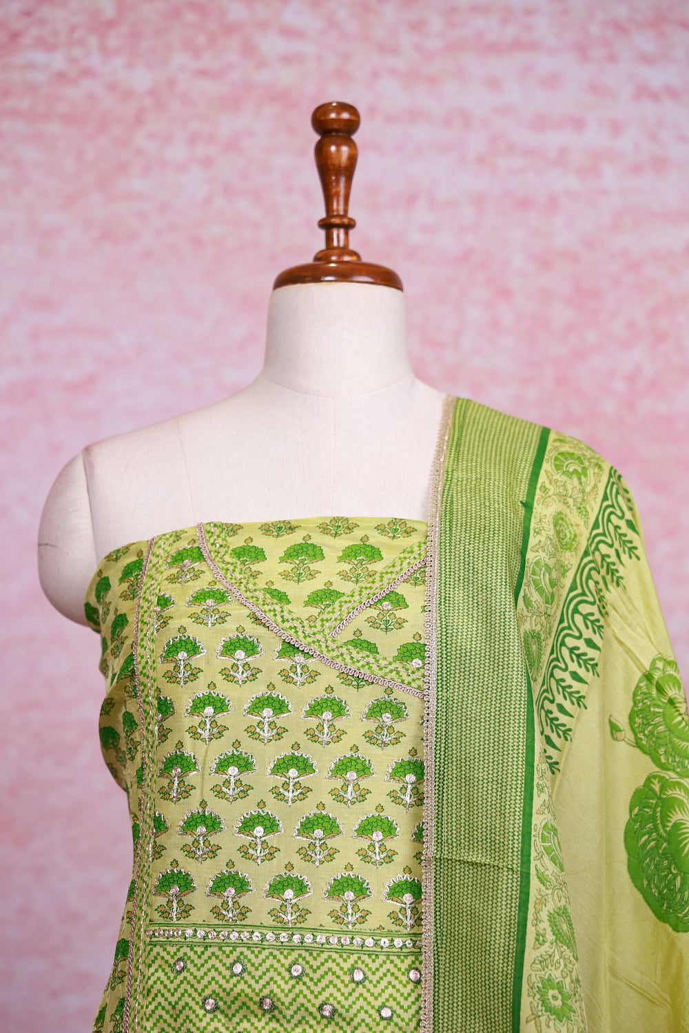 Green Chanderi Silk Printed Unstitched Churidhar Material