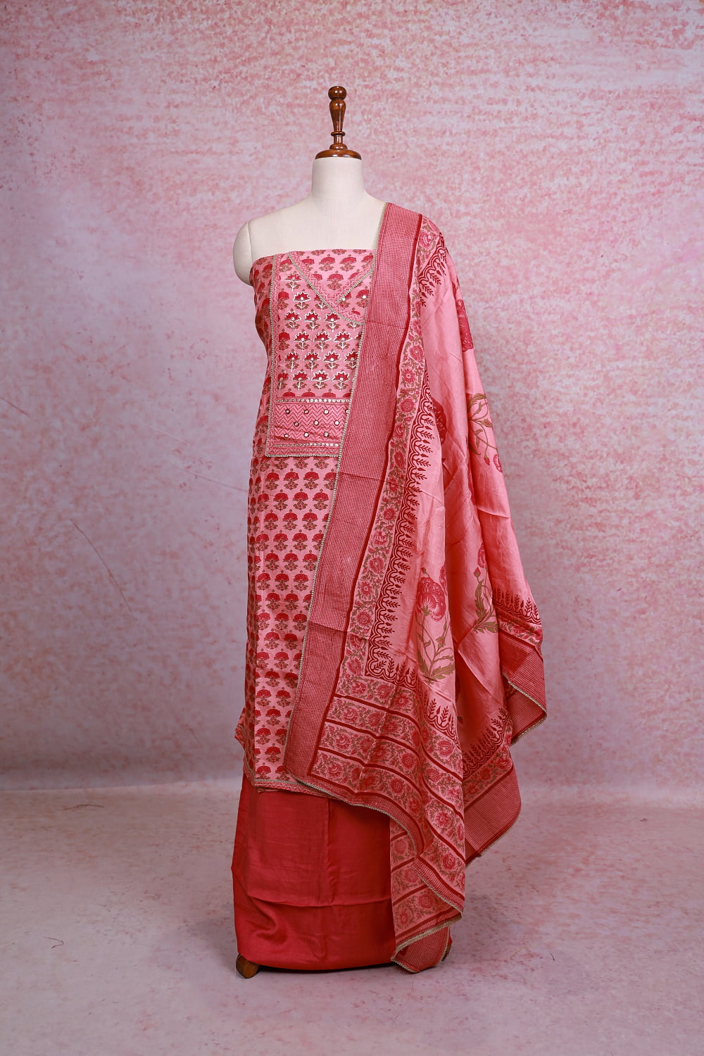 Peach Chanderi Silk Printed Unstitched Churidhar Material