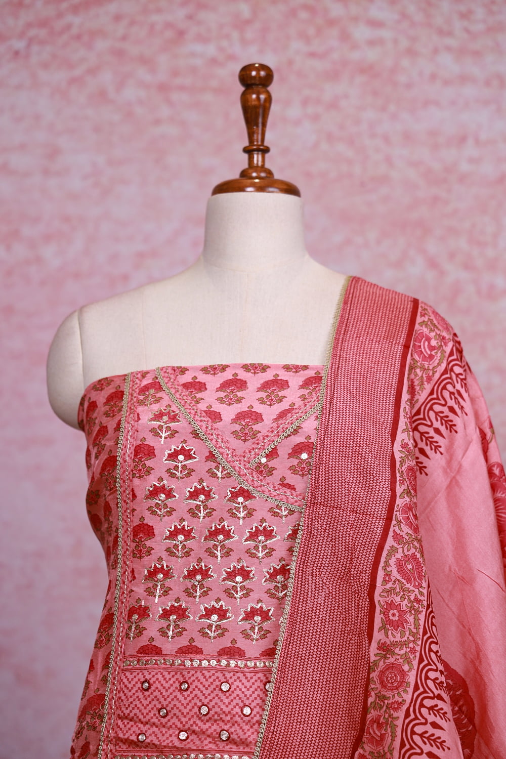 Peach Chanderi Silk Printed Unstitched Churidhar Material