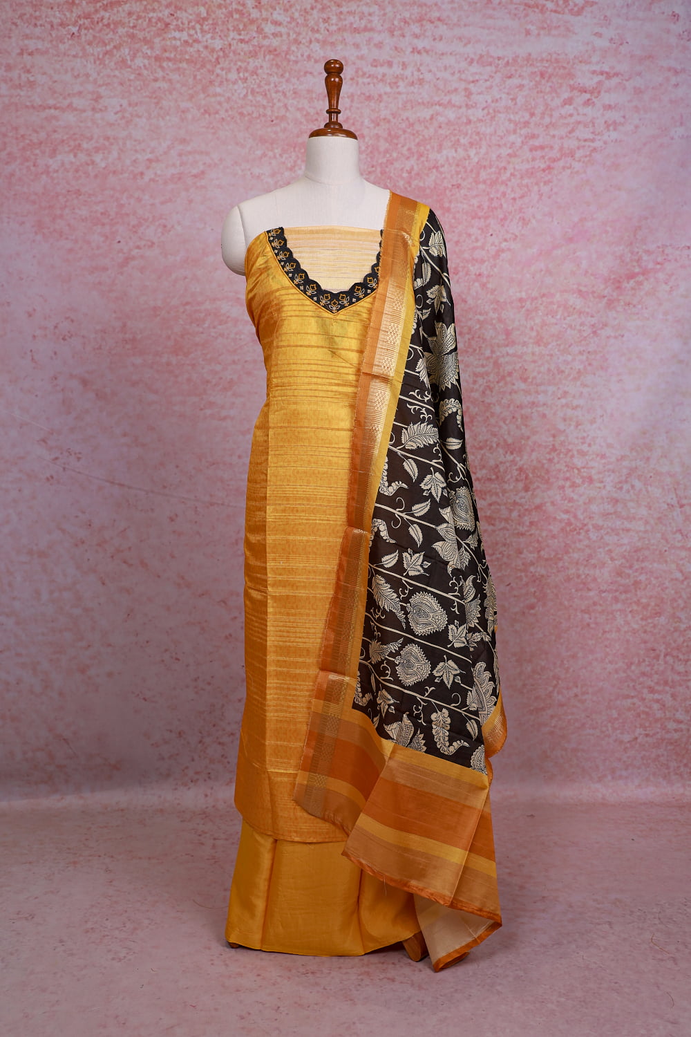 Mango Yellow Chanderi Silk Plain Body Unstitched Churidhar Material