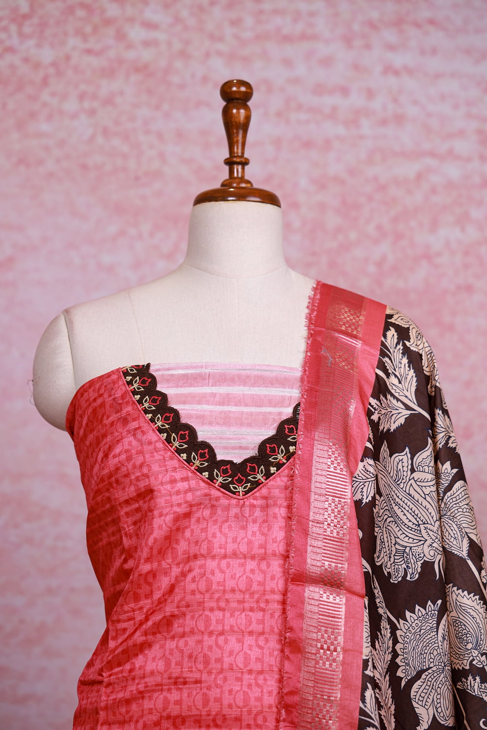 Red Orange Chanderi Silk Printed Unstitched Churidhar Material