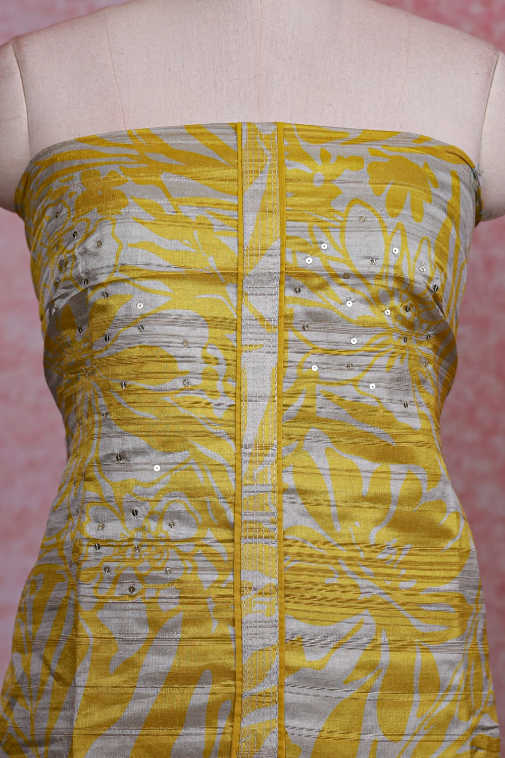 Mustard Yellow Chanderi Printed Unstitched Churidhar Material