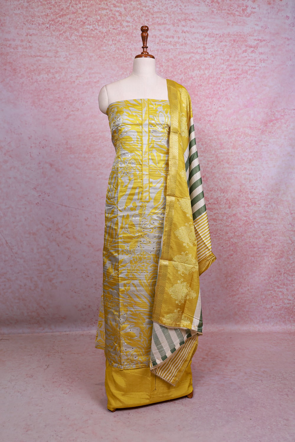 Mustard Yellow Chanderi Printed Unstitched Churidhar Material