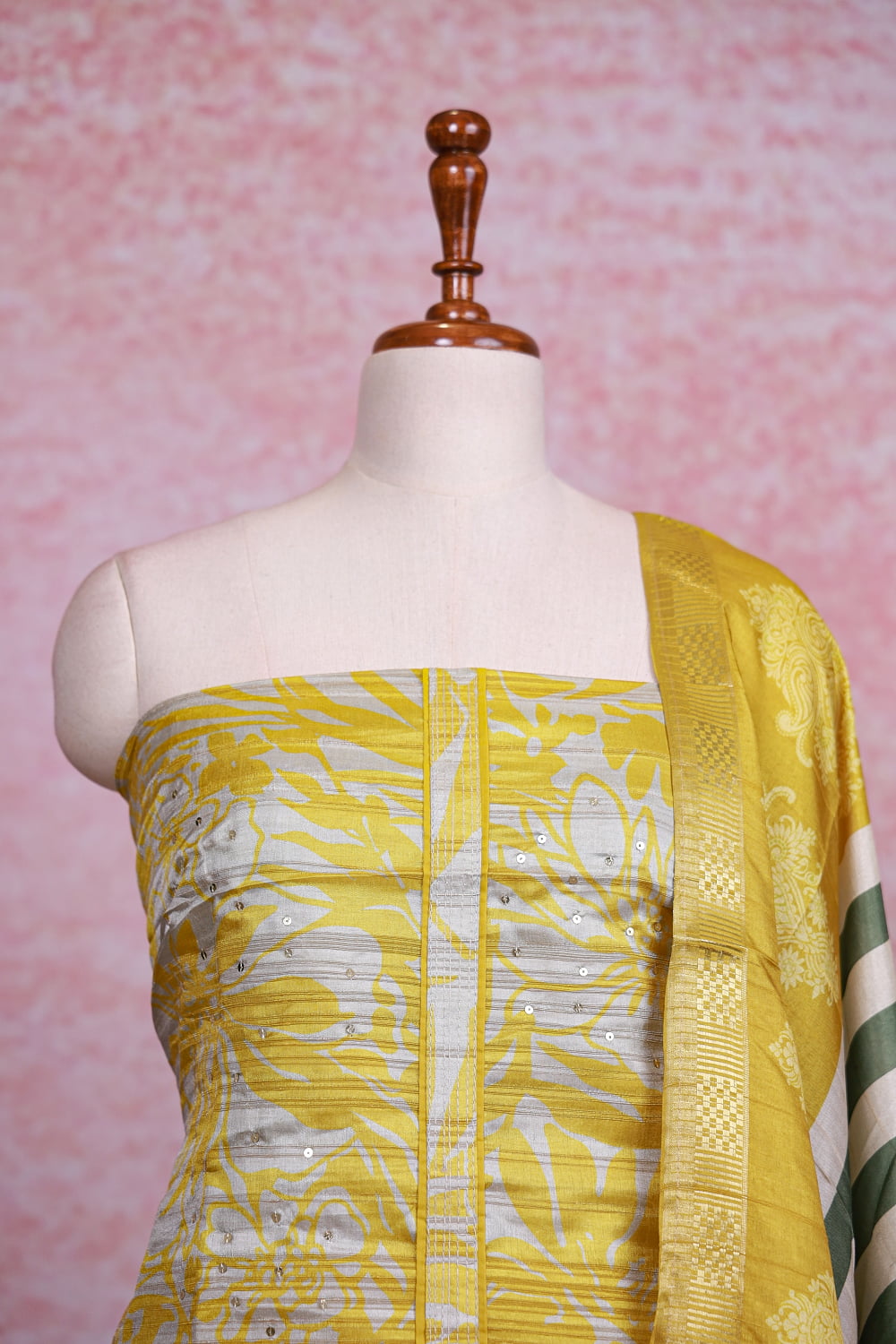 Mustard Yellow Chanderi Printed Unstitched Churidhar Material