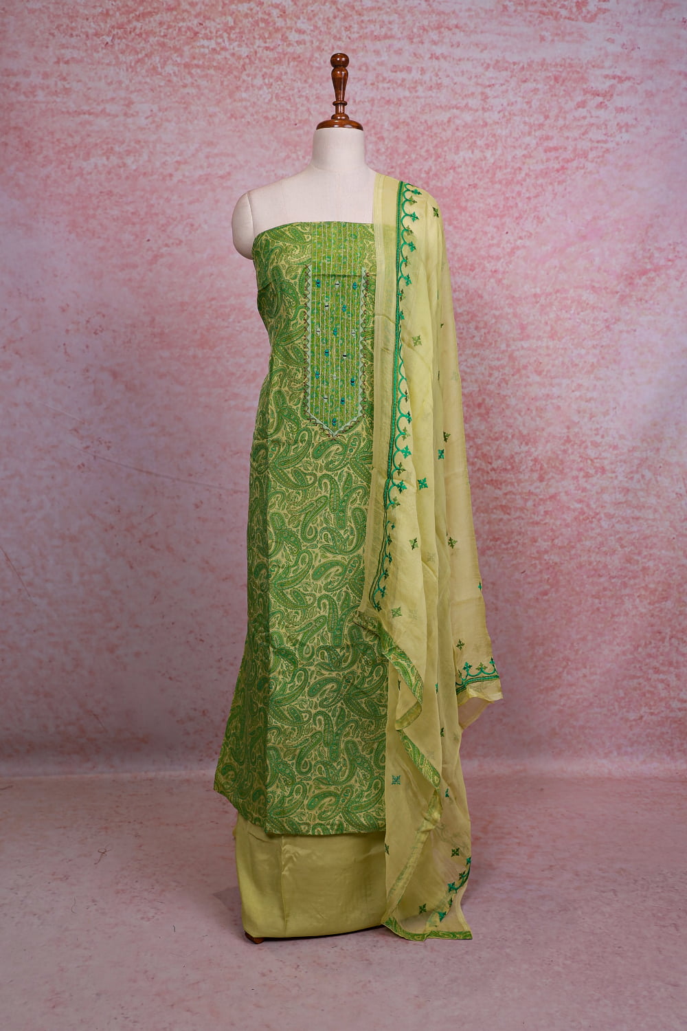 Lemon Yellow Chanderi Printed Unstitched Churidhar Material