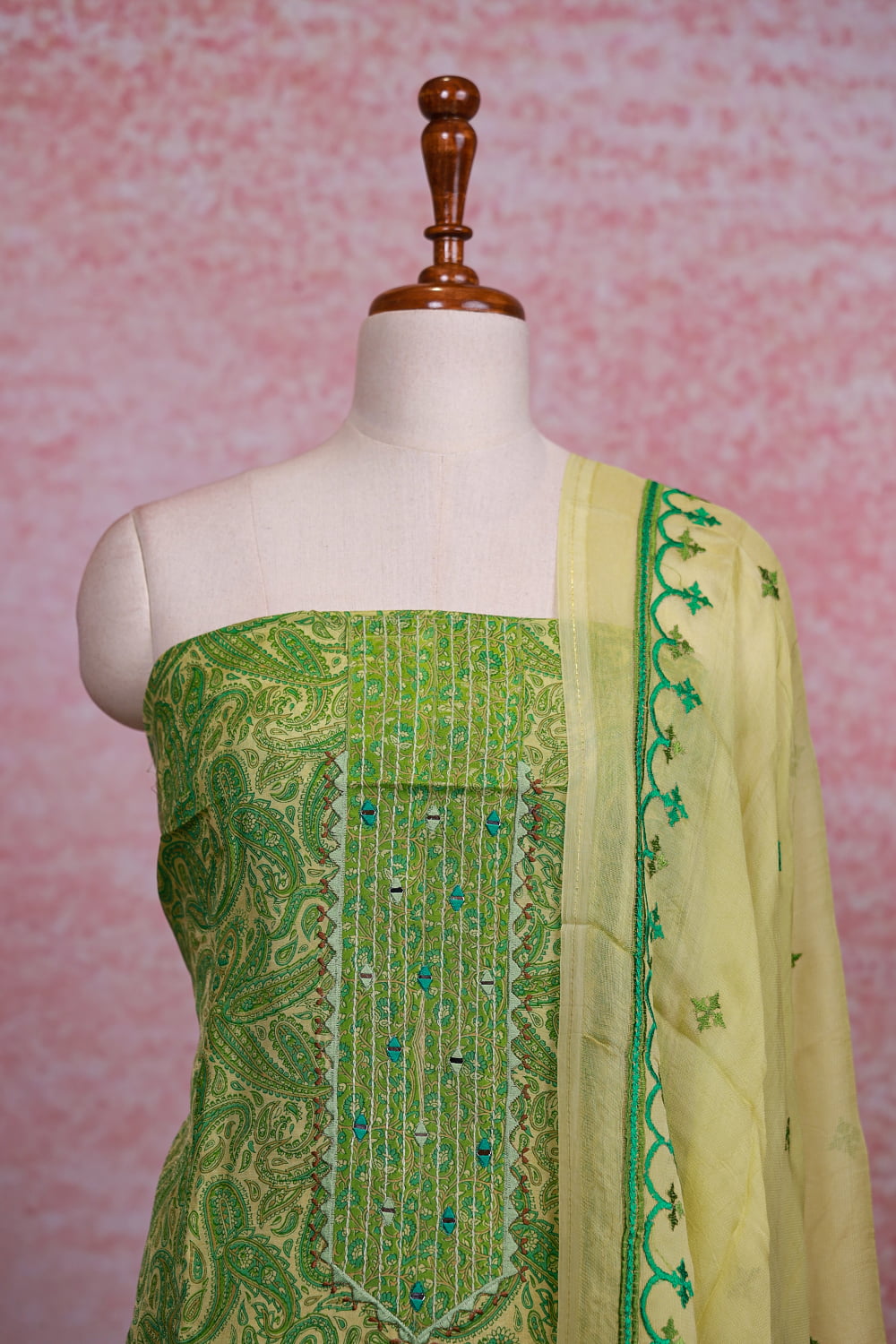 Lemon Yellow Chanderi Printed Unstitched Churidhar Material