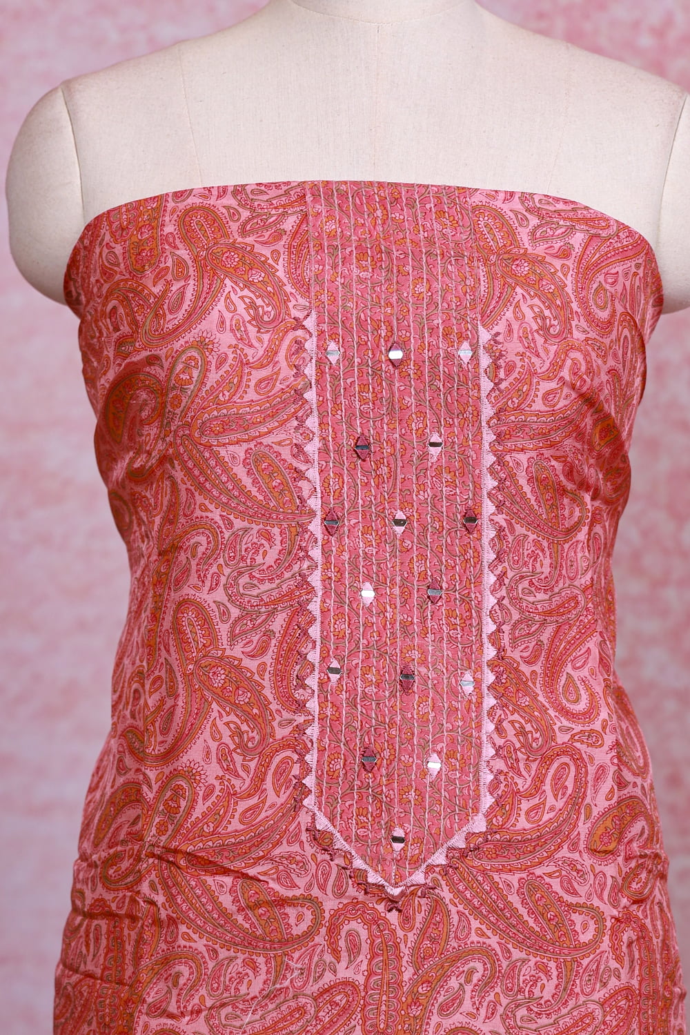 Salmon Peach Chanderi Silk Printed Unstitched Churidhar Material