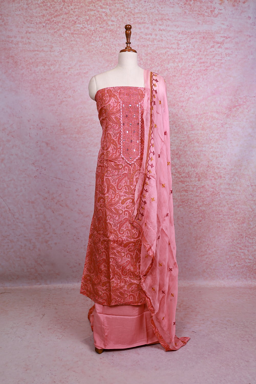 Salmon Peach Chanderi Silk Printed Unstitched Churidhar Material