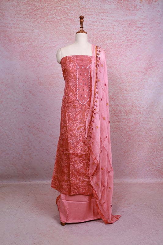Salmon Peach Chanderi Silk Printed Unstitched Churidhar Material - Seematti
