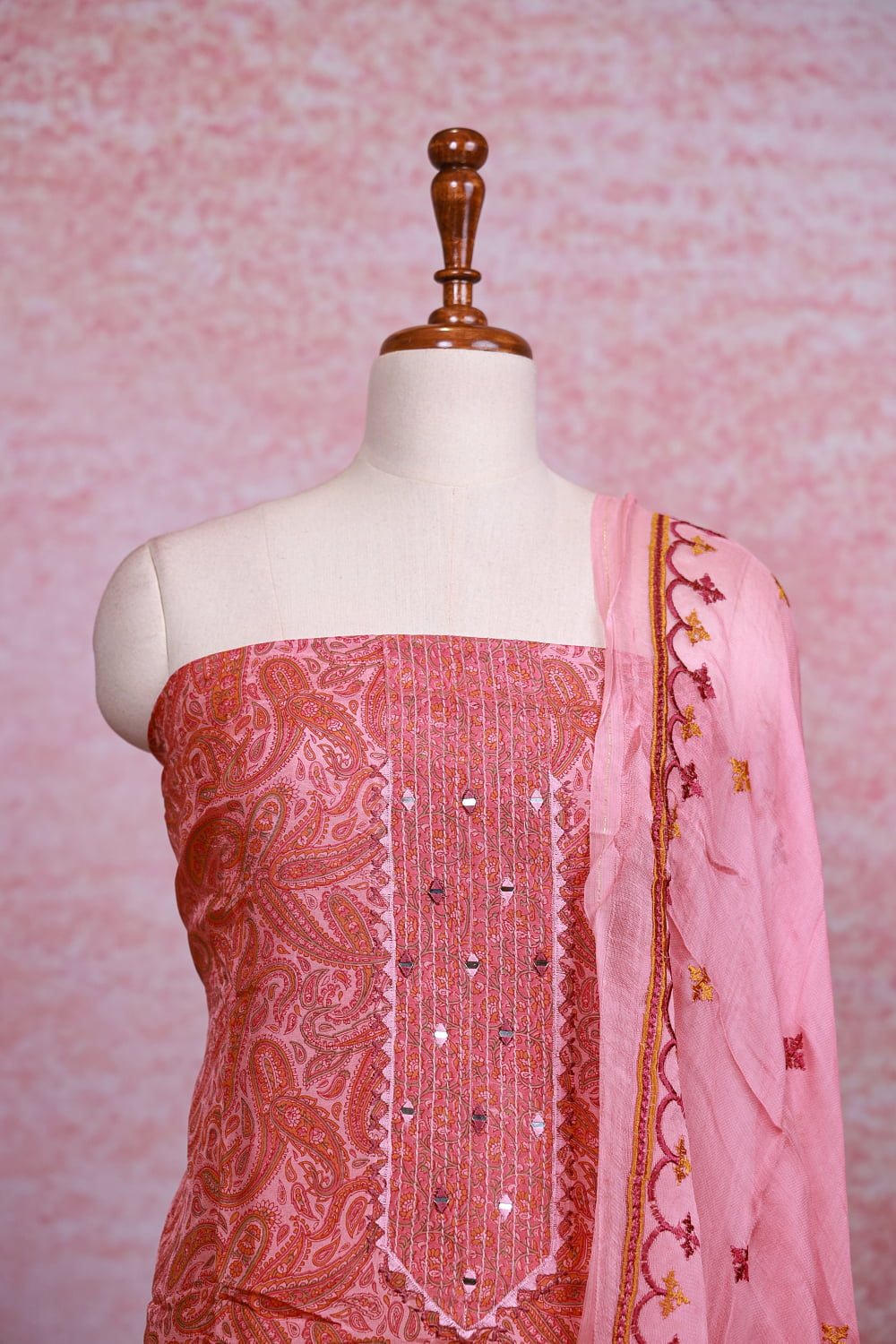 Salmon Peach Chanderi Silk Printed Unstitched Churidhar Material