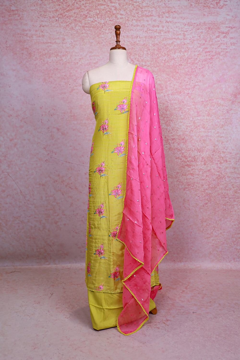 Lemon Yellow Muslin Printed Unstitched Churidhar Material