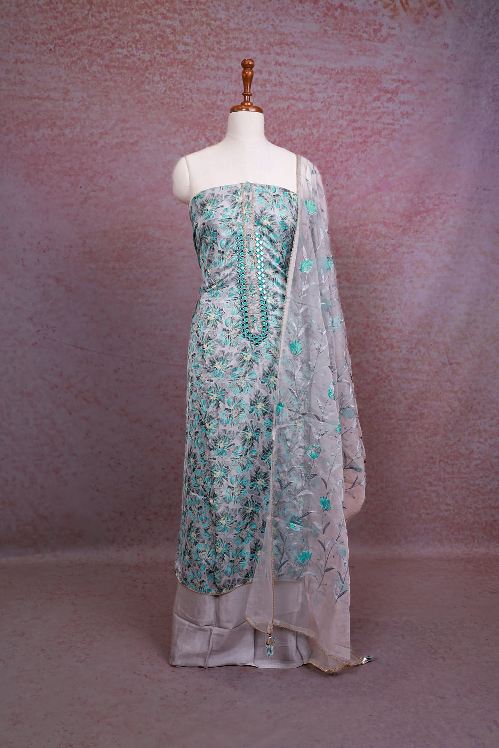 Grey Muslin Printed Unstitched Churidhar Material