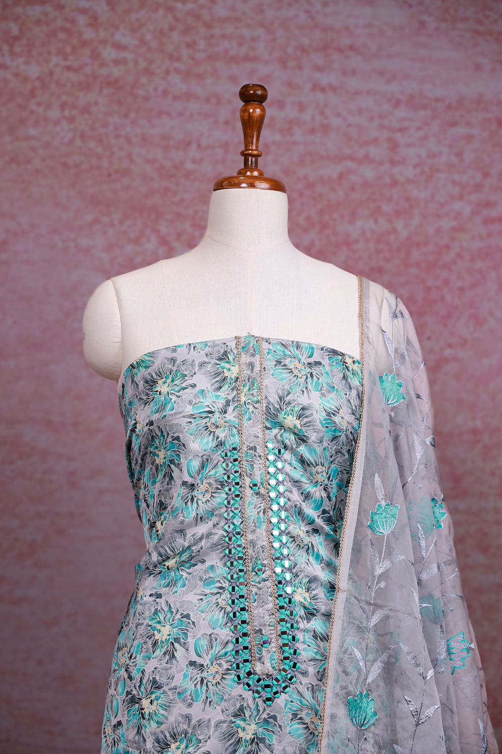 Grey Muslin Printed Unstitched Churidhar Material