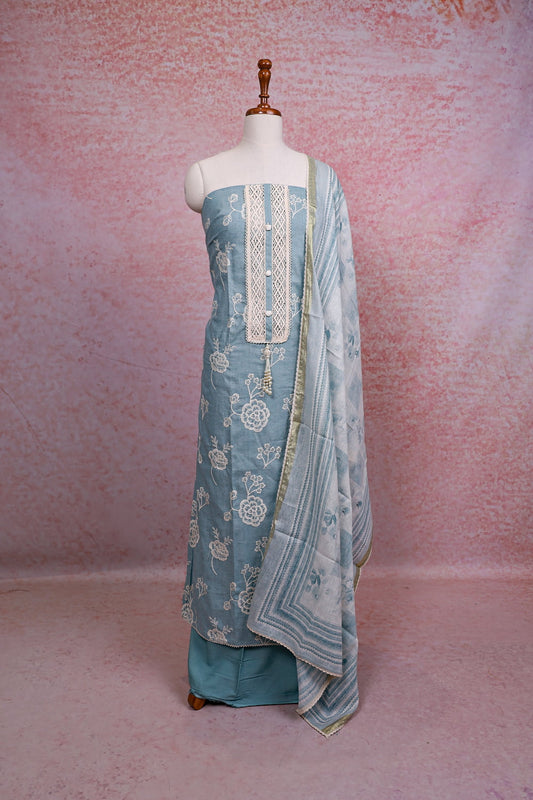 Pastel Blue Linen Cotton Embroidery Unstitched Churidhar Material - Seematti