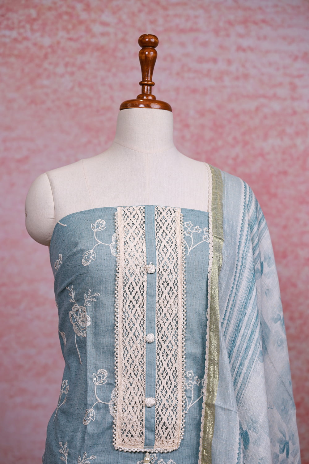 Pastel Blue Linen Cotton Embroidery Unstitched Churidhar Material