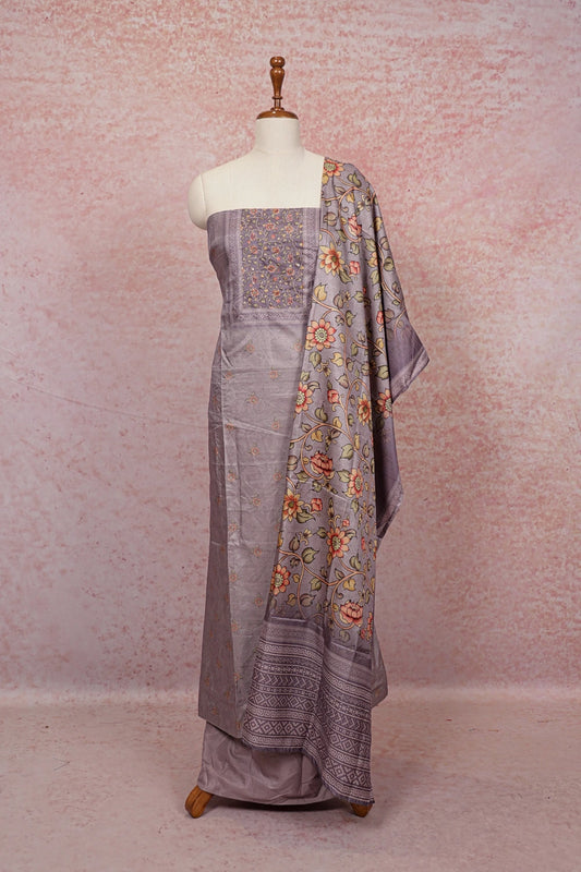 Ash Semi Chanderi Thread Work Un Stitched Churidahr Material - Seematti