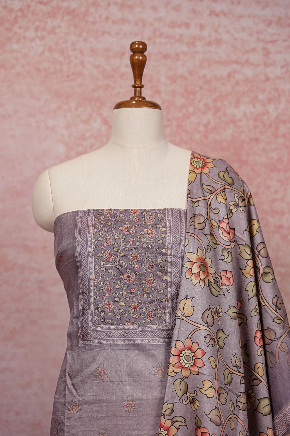 Ash Semi Chanderi Thread Work Un Stitched Churidahr Material - Seematti