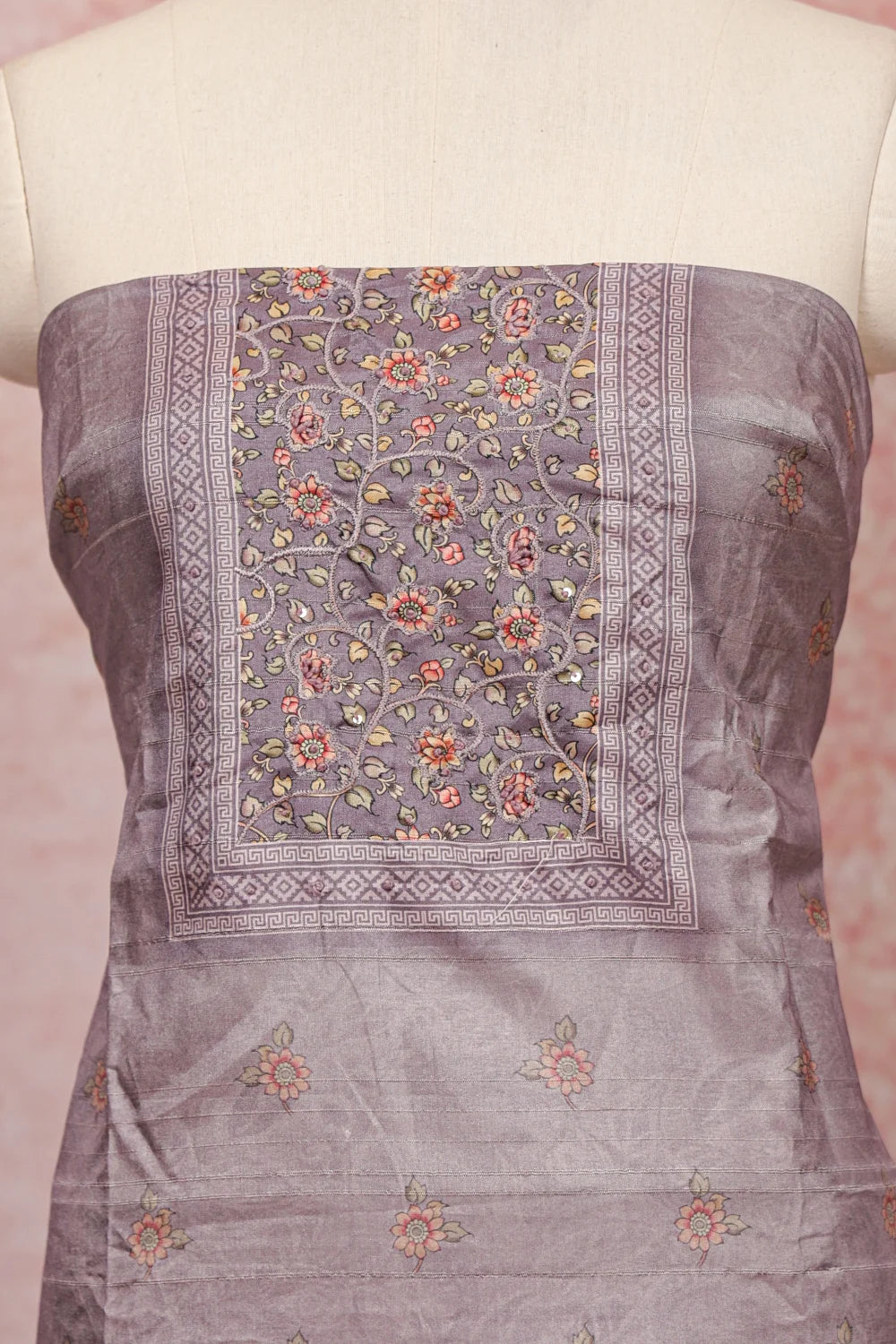 Ash Semi Chanderi Thread Work Un Stitched Churidahr Material - Seematti