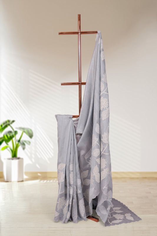 Ash Semi Tussar Embroidery Saree With Without Border - Seematti