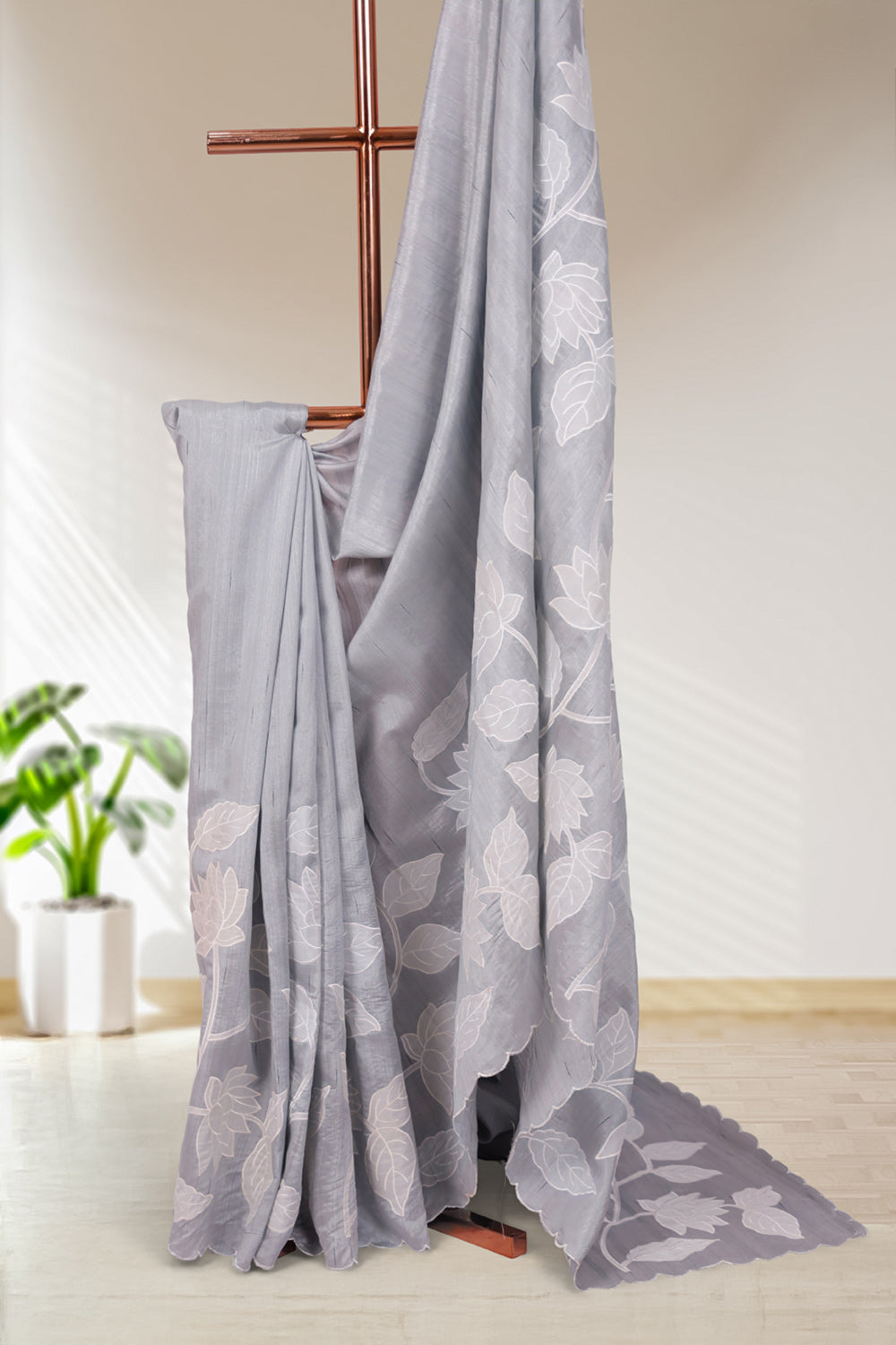 Ash Semi Tussar Embroidery Saree With Without Border - Seematti