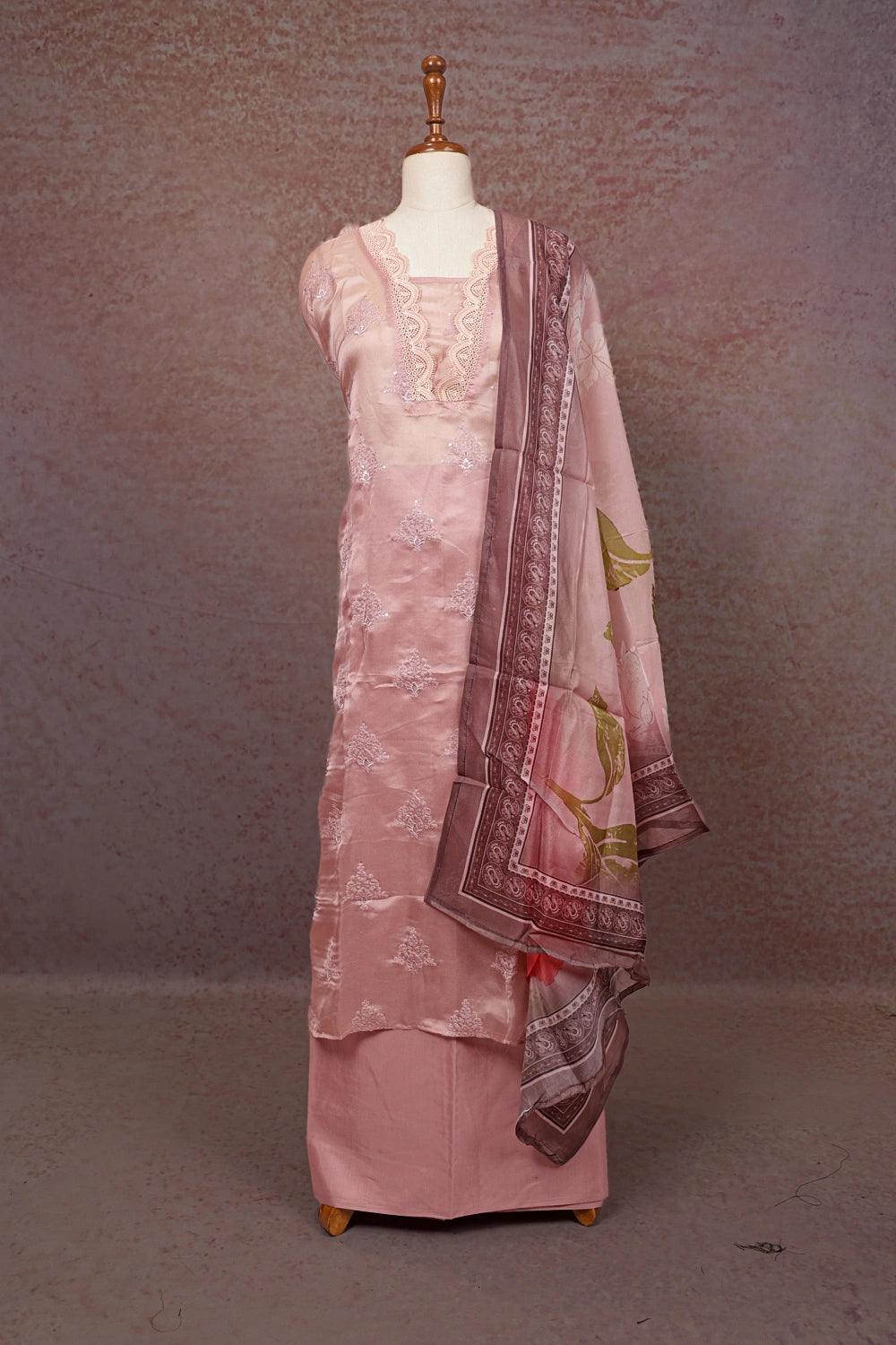 Baby Pink Crush Organza Cutt Work Unstitched Churidhar Material - Seematti