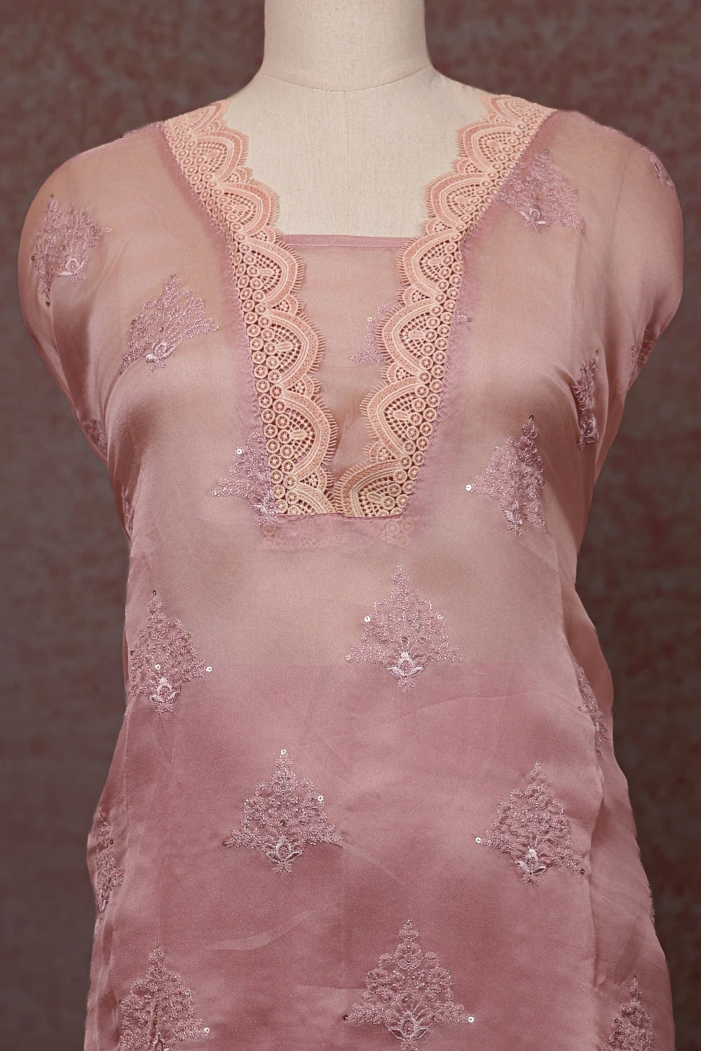 Baby Pink Crush Organza Cutt Work Unstitched Churidhar Material - Seematti