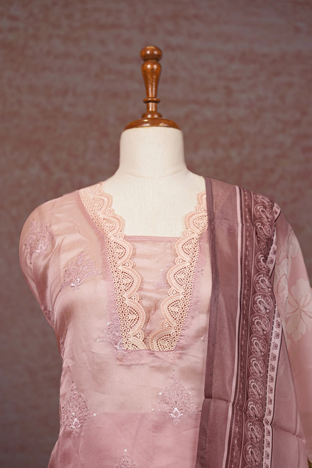 Baby Pink Crush Organza Cutt Work Unstitched Churidhar Material - Seematti