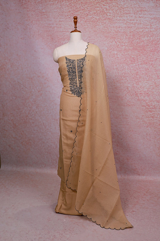 Beige Color Crush Silk Beads Work Unstitched Churidhar Material - Seematti